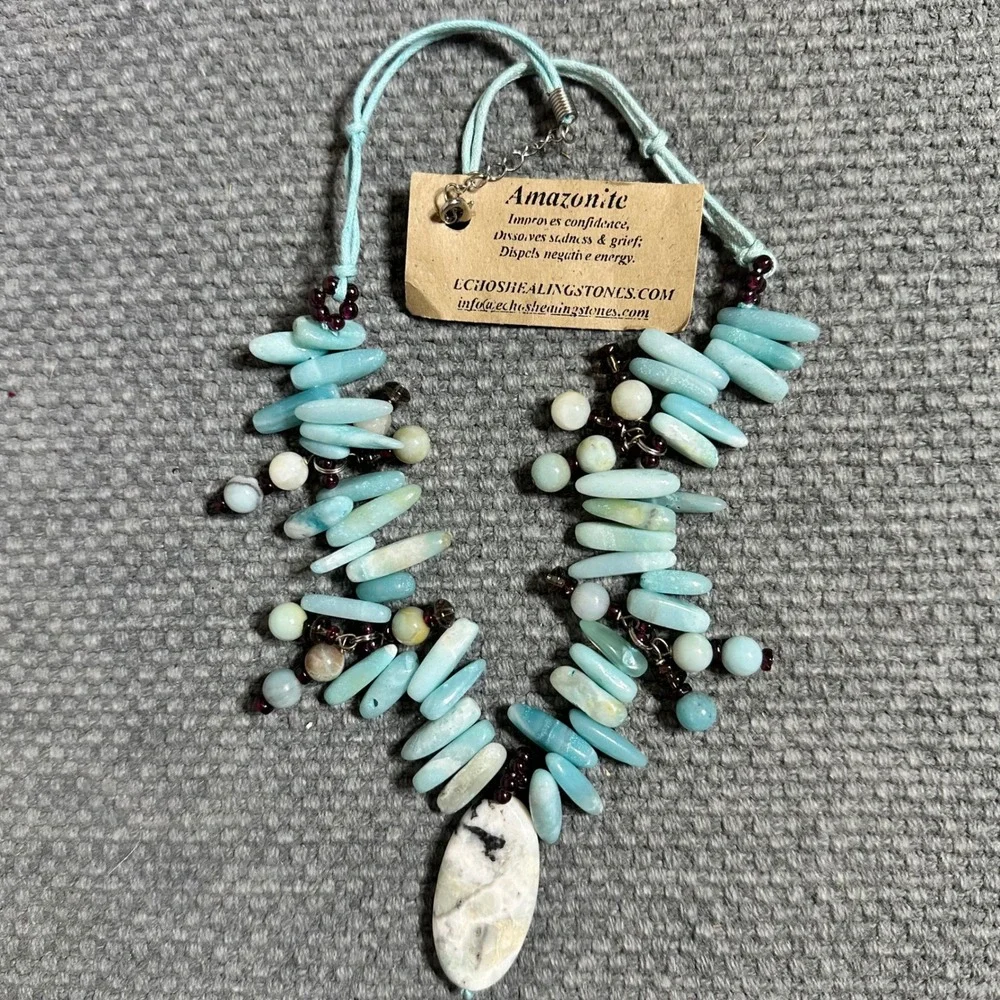 Echos Healing Stones Amazonite Garnet Necklace Blue Boho Artisan Bohemian NEW